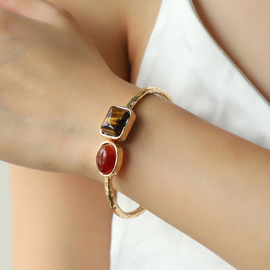 Tiger Eye & Carnelian Half Bangle Bracelet – Imitation Gemstone Boho Jewelry, Energy Protection Gift for Her