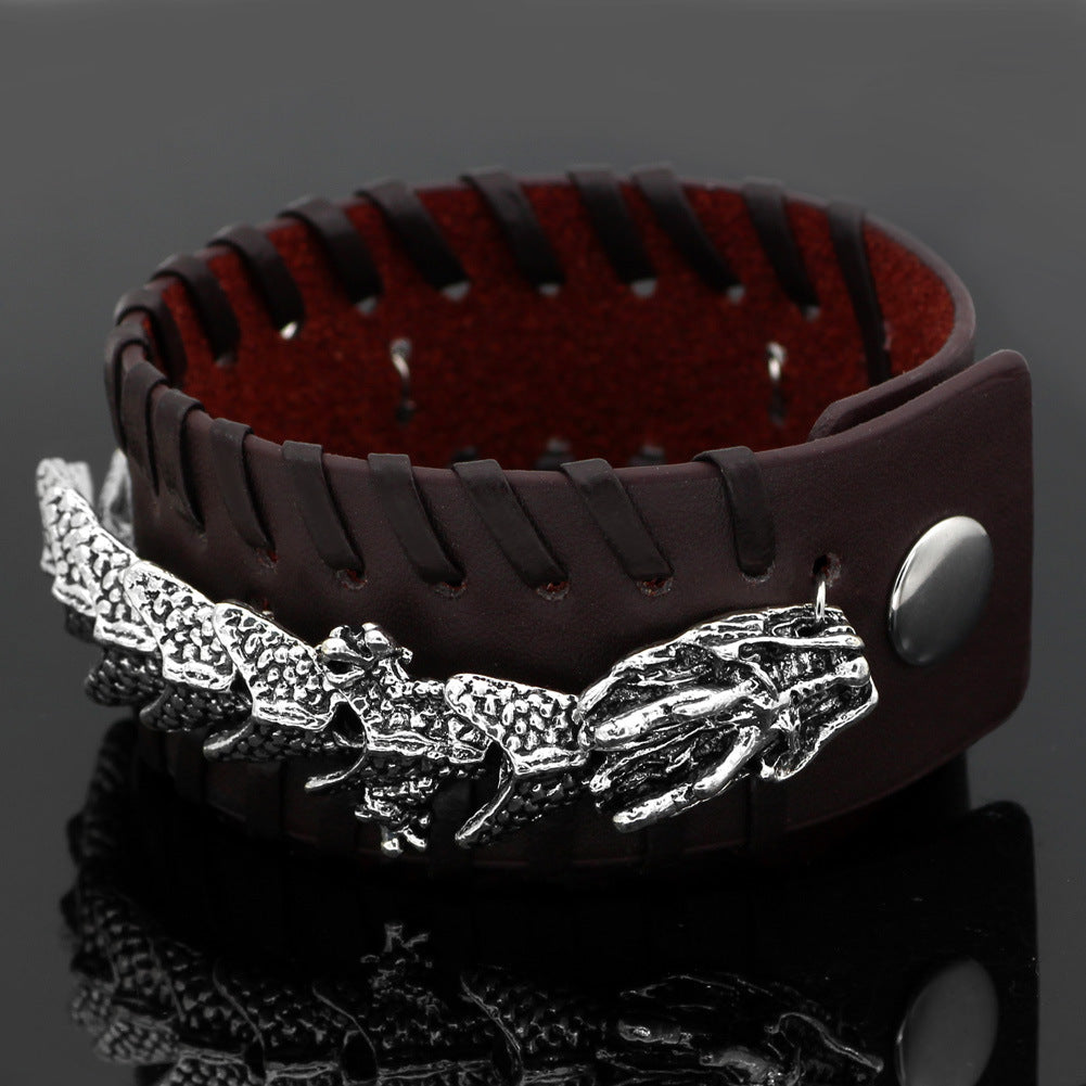 Viking Dragon Leather Bracelet – Stainless Steel Dragon Centerpiece on Thick Hand-Stitched Leather Cuff