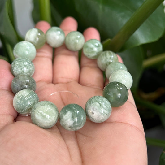 Natural Green Jade Beaded Bracelet-13MM-14MM Gradually Setting smooth round jade Bracelet-Gemstone-gift for her-green jade crystal
