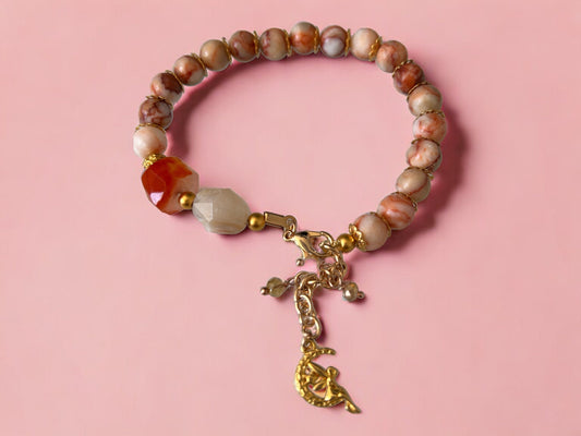 18CM Red Network Jasper - Pink Flower Agate - Forte Gemstone Beads - Orange and white marbled 8mm - Lurex Cord Bracelet - Crystal Bracelet