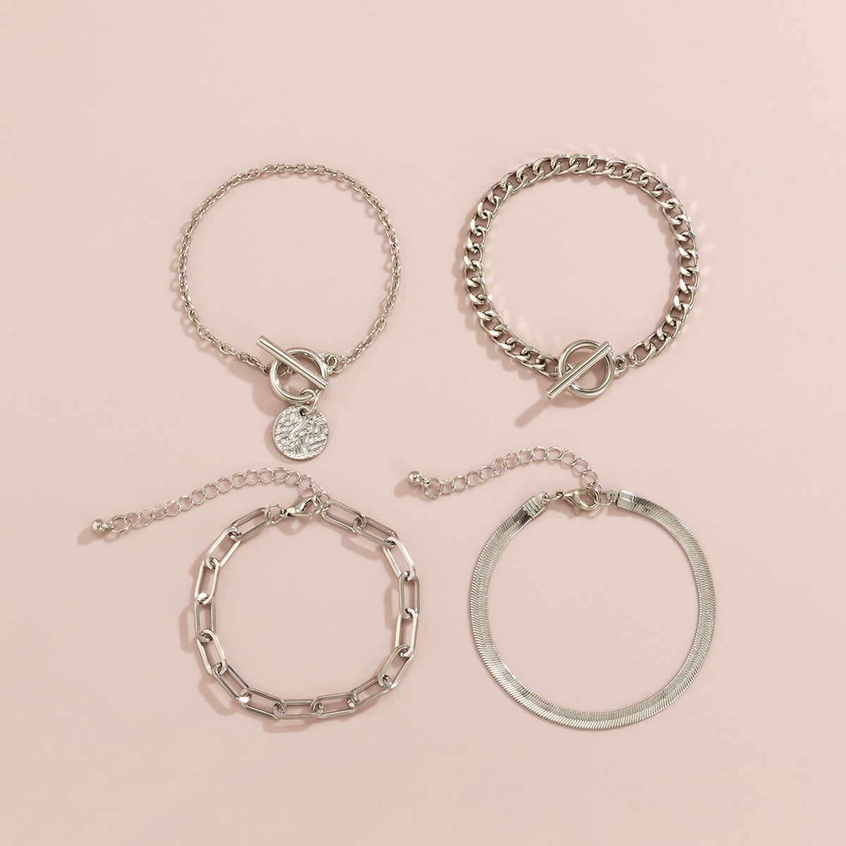 Metal Chain Bracelet Set – Hollow Wind Link & Snake Bone Bracelets, Silver Layered Stack, Minimalist Statement Jewelry for Women