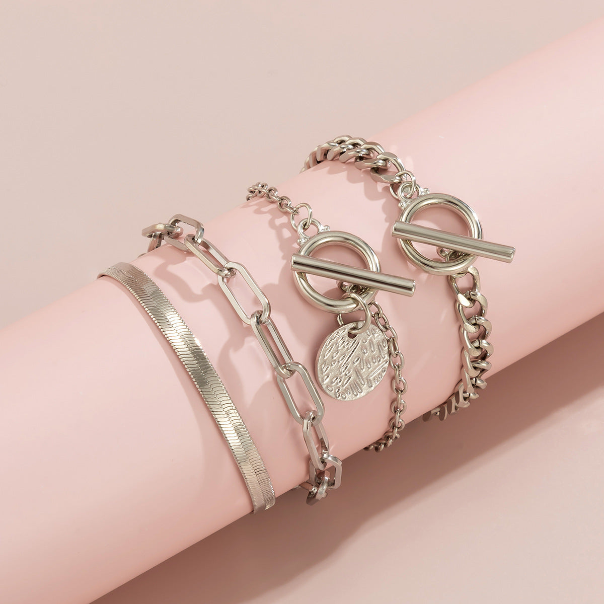 Metal Chain Bracelet Set – Hollow Wind Link & Snake Bone Bracelets, Silver Layered Stack, Minimalist Statement Jewelry for Women