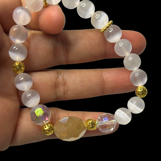 8mm Selenite & Faceted Agate, Bead Bracelet Round Crystals (Premium Grade Stretch Gemstone Bracelet, Selenite Crystal Bracelet) Gift for her