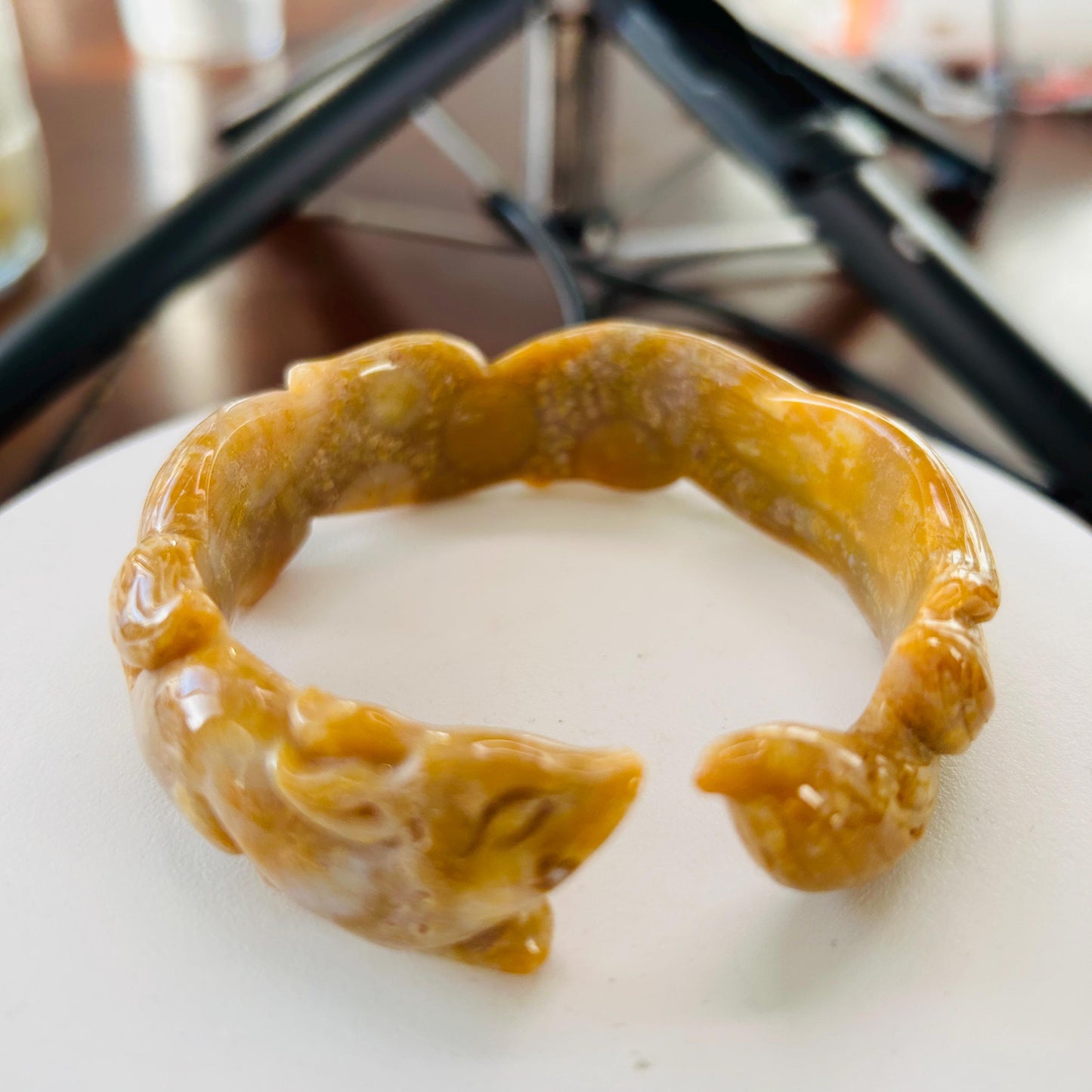 Nine Tail Fox Jade Bangle - Small 56.8mm Fossil Coral Crystal Bracelet | Soluna Gems