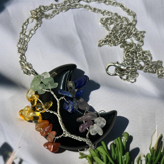 Black Obsidian Crescent Moon Chakra Tree Necklace: Healing Crystal Pendant