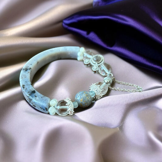 K2 Jasper Half Bangle Bracelet: Aquamarine, Moonstone & Quartz with Silver Mouse