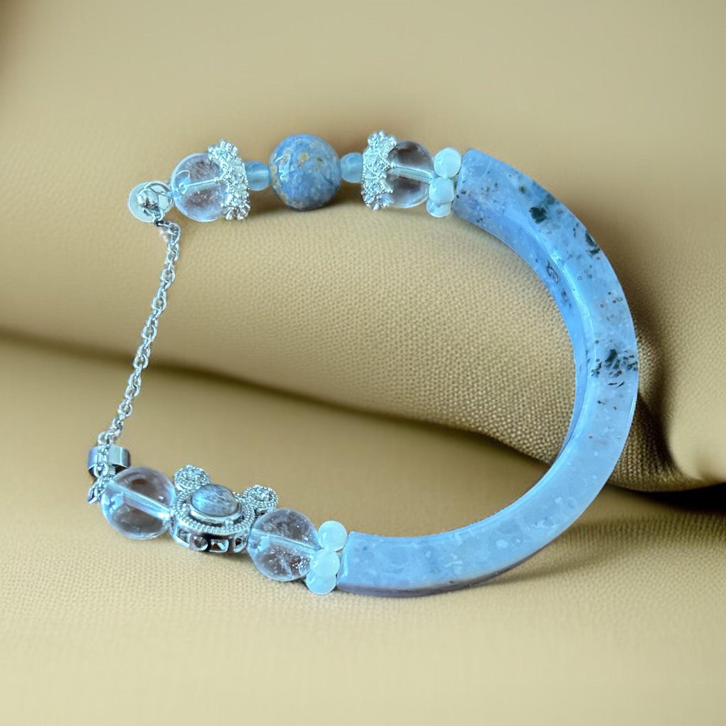 K2 Jasper Half Bangle Bracelet: Aquamarine, Moonstone & Quartz with Silver Mouse