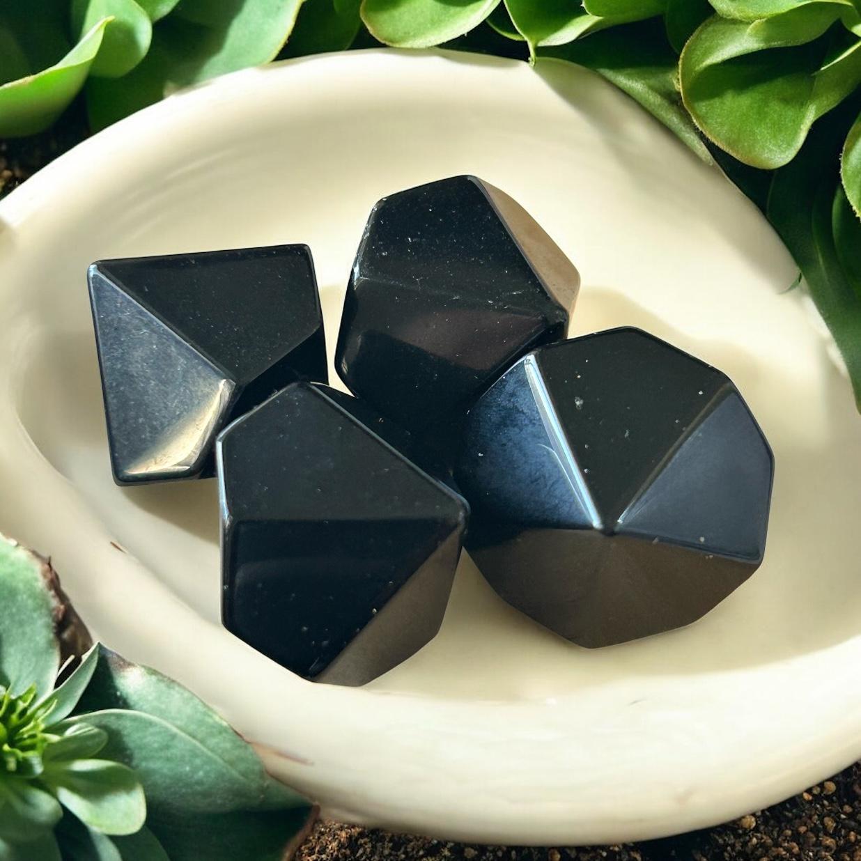 Set of 5 Black Obsidian Pentagonal Bipyramids – Sacred Geometry Tools for Meditation