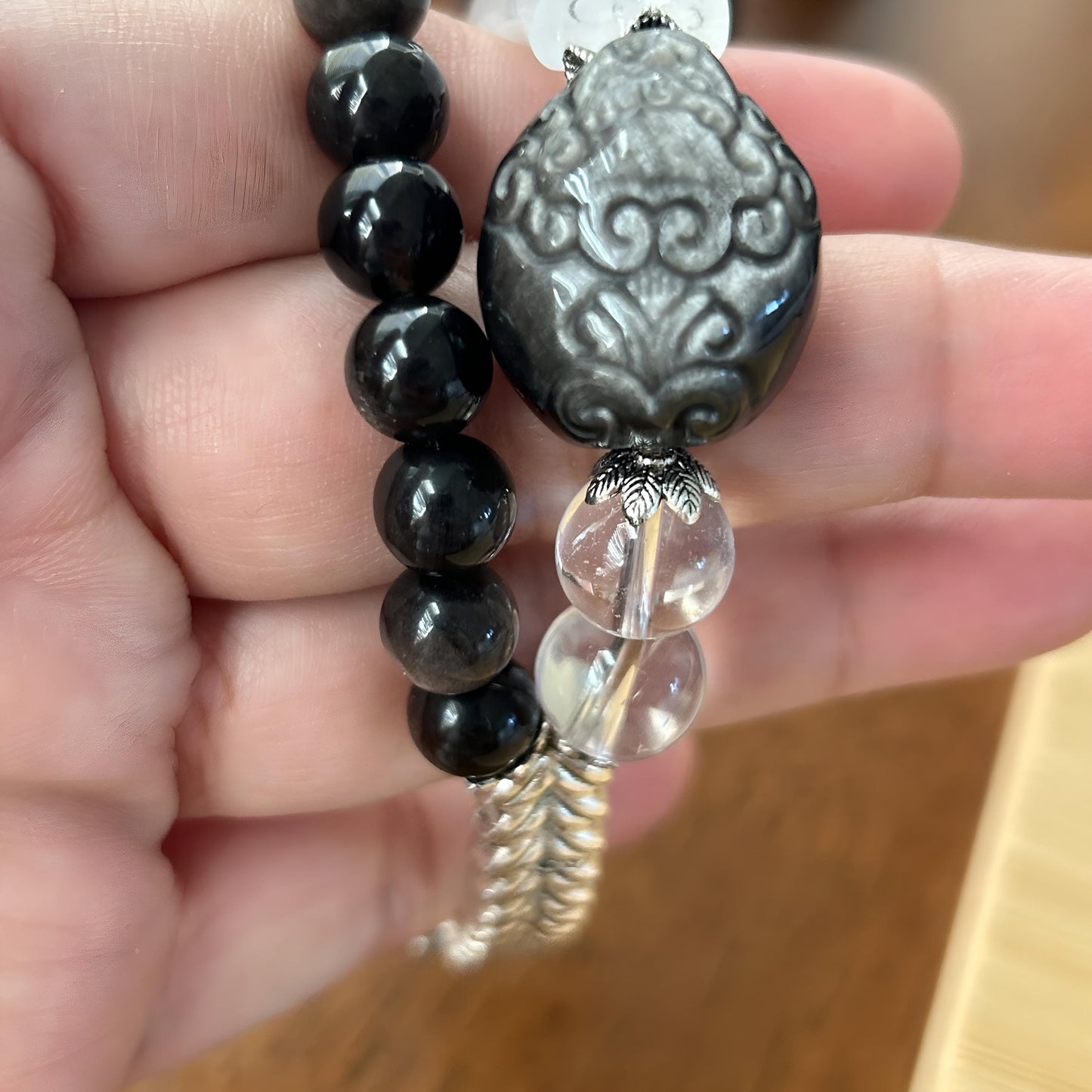 Silver Obsidian Pixiu Prosperity Stack with Clear Quartz