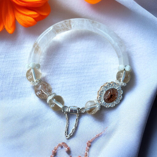 Rutilated Quartz Lotus Charm Bangle with Clear Quartz Cuff 7.5"