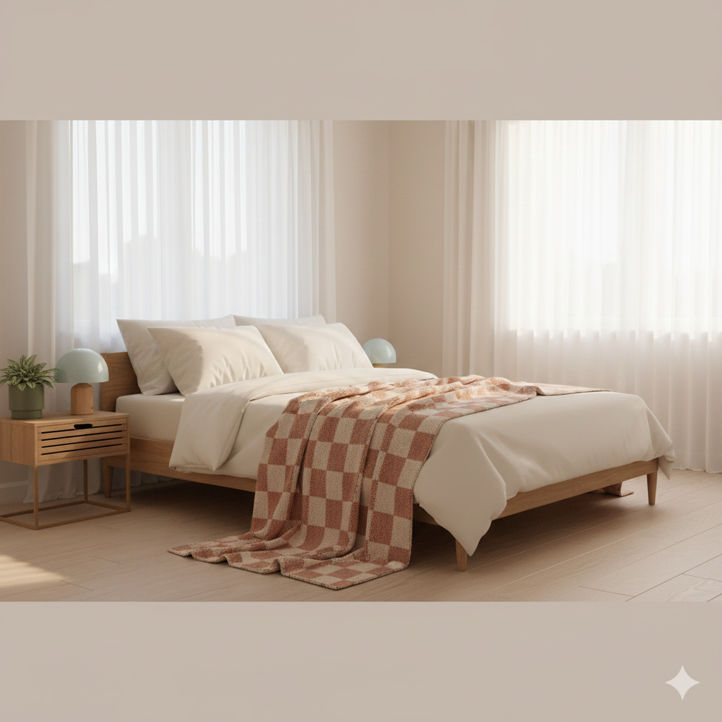 Reversible geometric throw blanket draped over beige sofa, designer-inspired equestrian style blanket in camel and white, affordable luxury home decor throw.