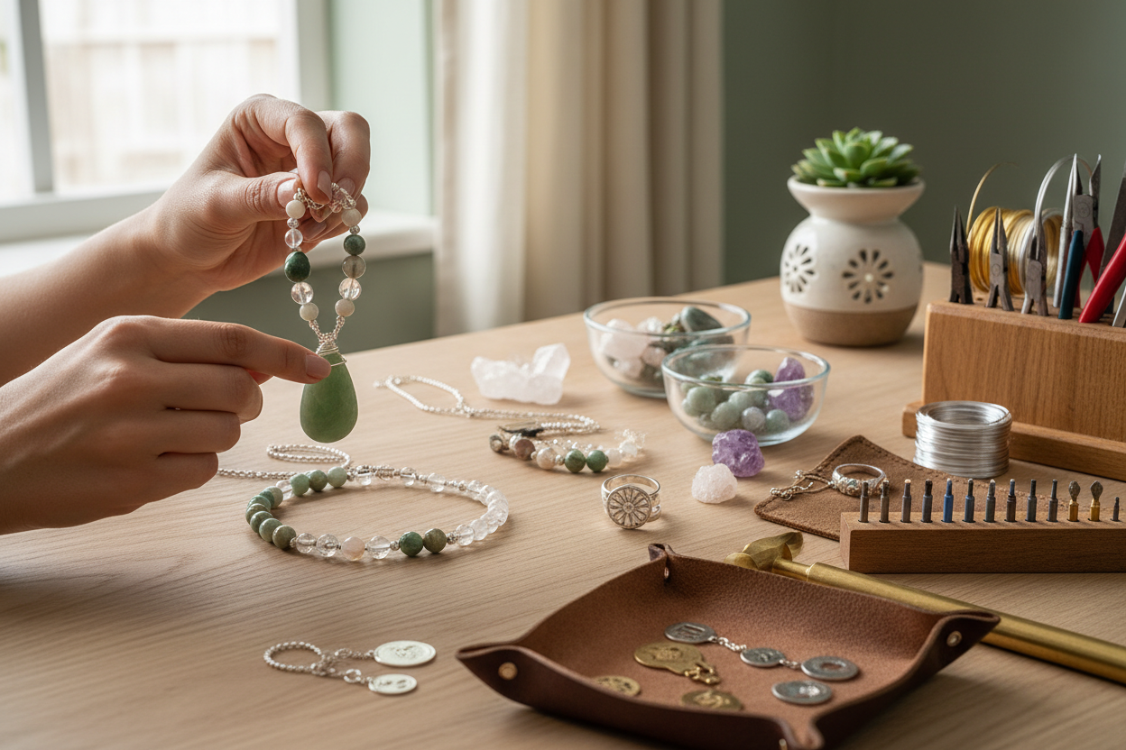 A hand holding a beaded bracelet, the other one pointing to a crystal bacachon agate. 
