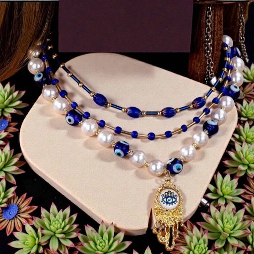Evil Eye Pearl Hamsa Layered Necklace