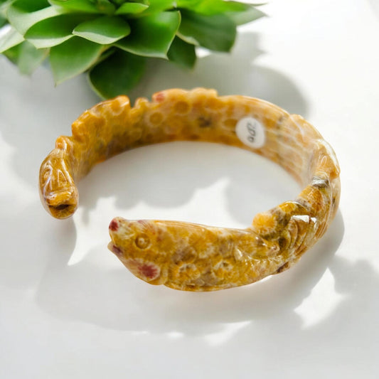 Medium size 58.3mm Bangle Double Fish Carve Bangle | Fosil Coral Jade |  Bangle Bracelet | Gift for her | Snake Bracelet |