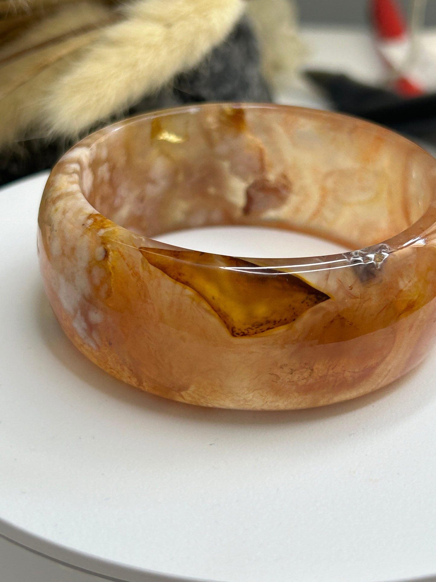 Sakura Bangle Small 54.3mm/6.75"in Cherry Blossom Madagascar Agate Crystal Quartz Gemstone Healing Chakra (White, Pink, Light Red, Yellow)