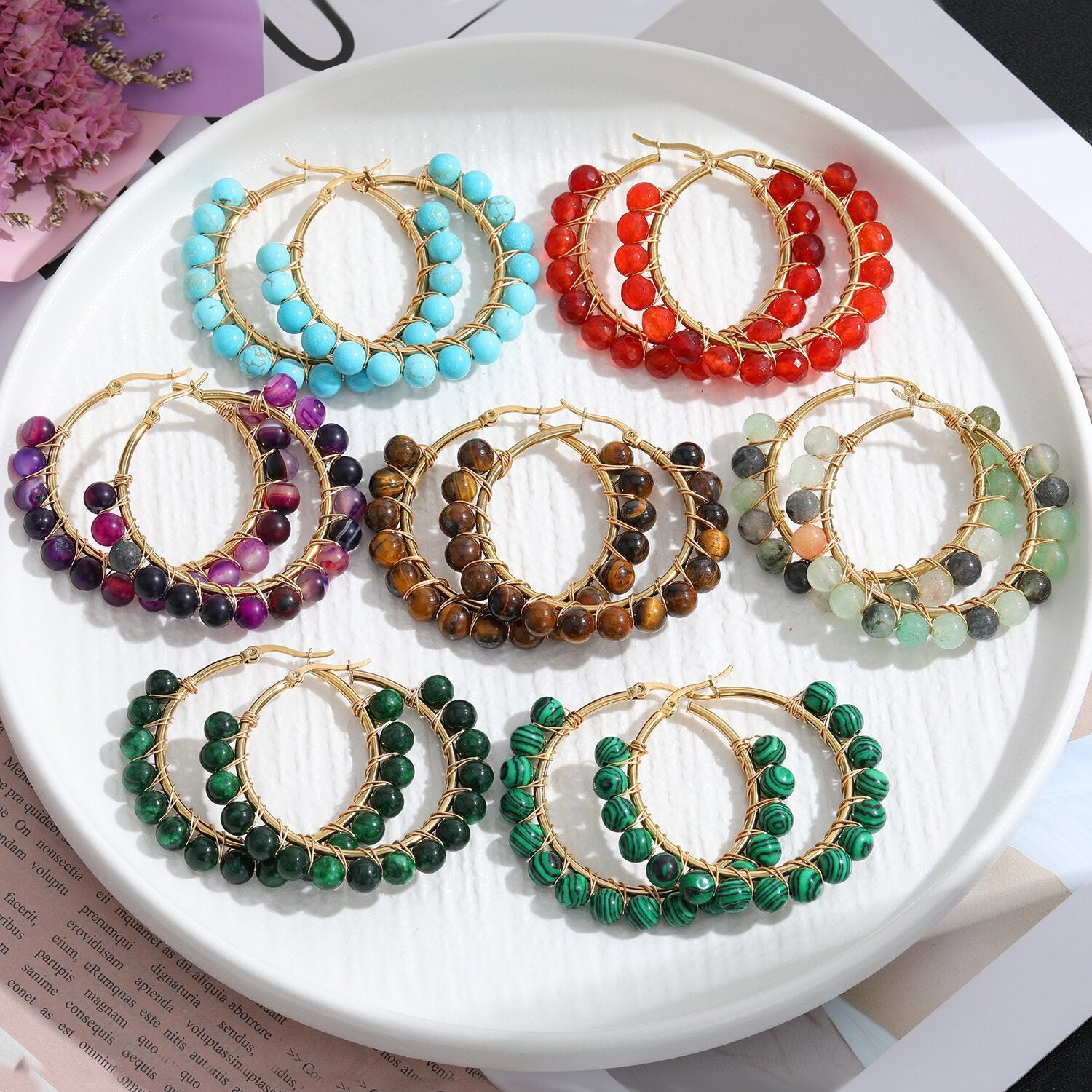 Bold Natural Stone Beaded Hoop Earrings – Exaggerated Gold Stainless Steel Round Statement Hoops
