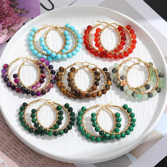 Bold Natural Stone Beaded Hoop Earrings – Exaggerated Gold Stainless Steel Round Statement Hoops
