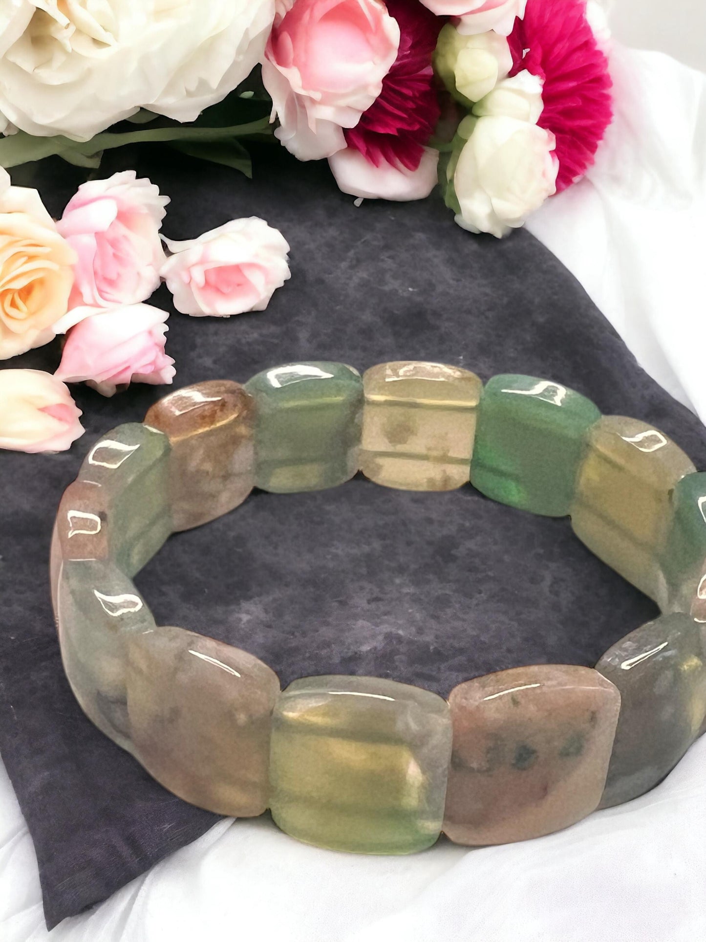 Green Flower Agate Soft Bangle Bracelet With Green Flower Agate | Sakura Flower Agate | Crystal Soft Bangle | Agate Bangle | Gift for her