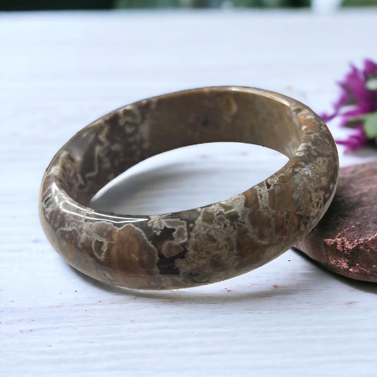 Moravato Ocean Jasper Bangle Bracelet With Orb Flowers -63mm Large Wrist Bangle Bracelet, Natural Crystal Bangle, Unique Flower-like Pattern