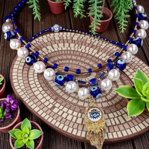 Evil Eye Pearl Hamsa Layered Necklace