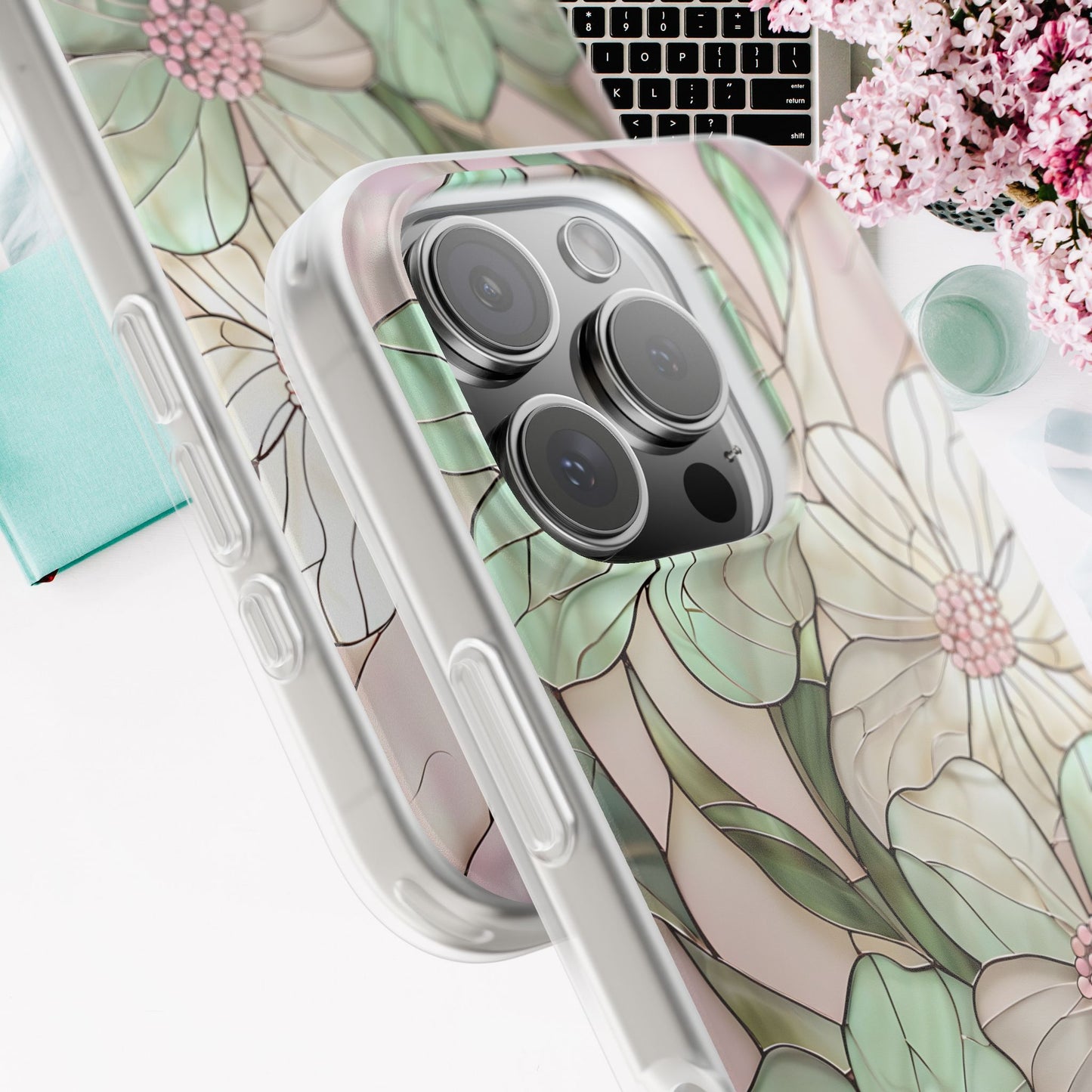 Flexi Cases, Phone Cover with Mosaic Flower in Pink and light green, Floral Phone Case, Flexible Phone Case, Flower Pattern Phone Cover,