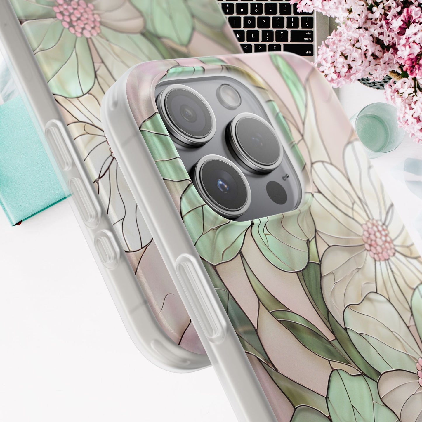 Flexi Cases, Phone Cover with Mosaic Flower in Pink and light green, Floral Phone Case, Flexible Phone Case, Flower Pattern Phone Cover,