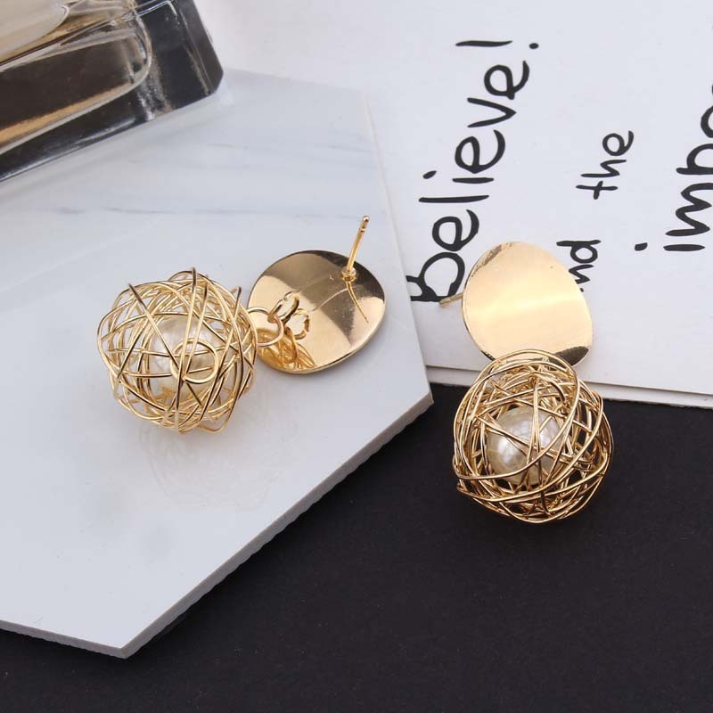 Vintage Geometric Pearl Earrings – Woven Ball Studs, 4.5CM Drop, Stainless Steel