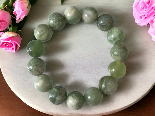 Natural Green Jade Beaded Bracelet-13MM-14MM Gradually Setting smooth round jade Bracelet-Gemstone-gift for her-green jade crystal