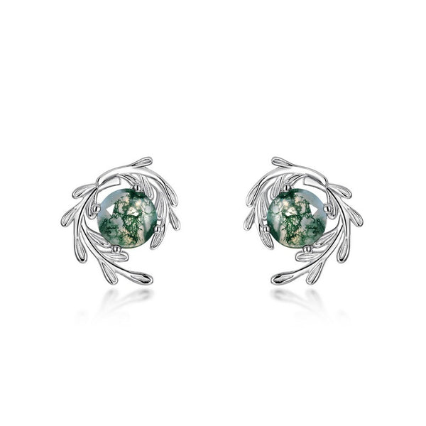 Moss Agate & S925 Silver Leaf Stud Earrings – Green Round Stone Nature-Inspired Jewelry