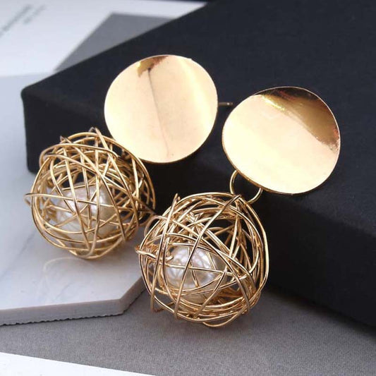 Vintage Geometric Pearl Earrings – Woven Ball Studs, 4.5CM Drop, Stainless Steel