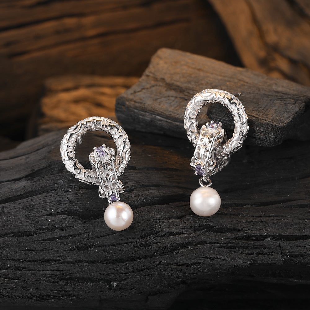 925 Sterling Silver Tang Grass Pattern Earrings With Natural Freshwater Pearl