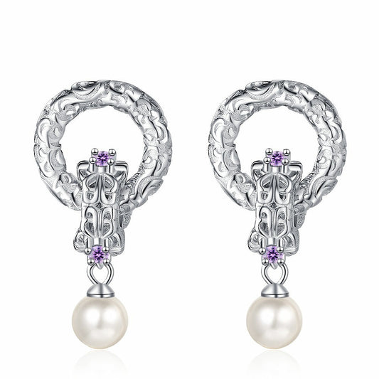 925 Sterling Silver Tang Grass Pattern Earrings With Natural Freshwater Pearl