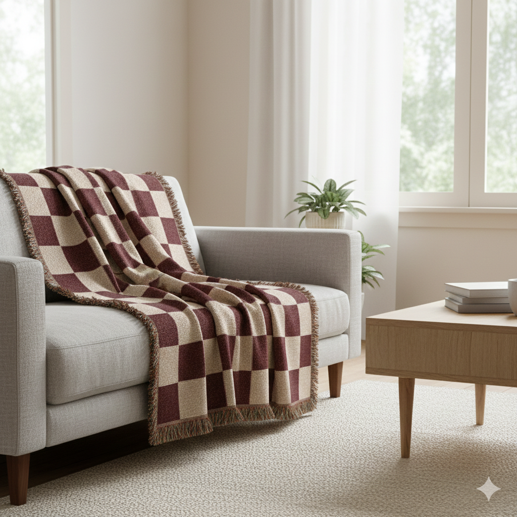 Luxury Checkerboard Woven Blanket | Deep Burgundy & Soft Beige Cotton Throw with Fringe