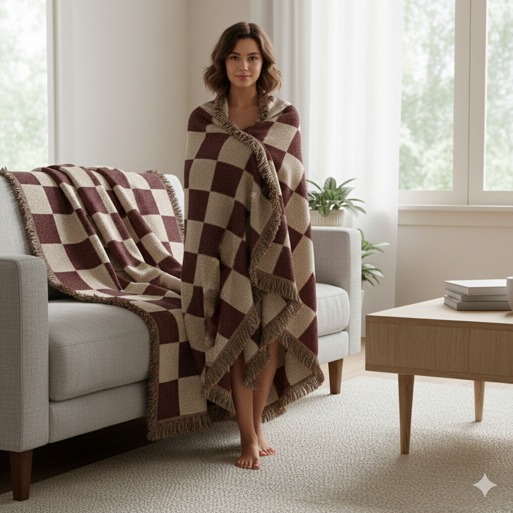 Luxury Checkerboard Woven Blanket | Deep Burgundy & Soft Beige Cotton Throw with Fringe