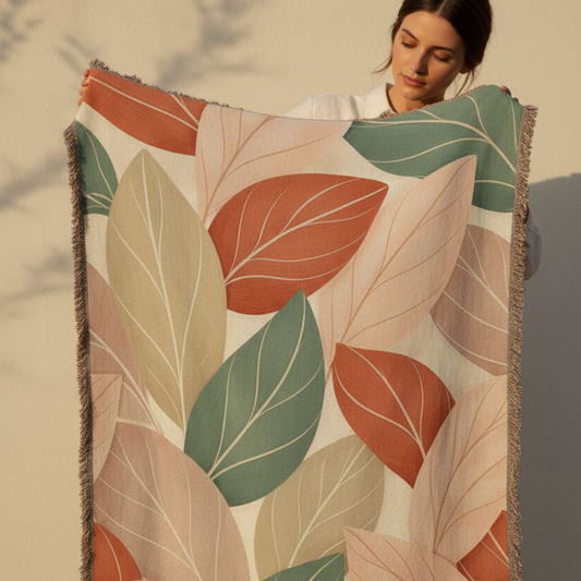 Woven Blanket — Autumn Leaf Throw Blanket, Boho Earth Tone & Teal Leaf Pattern