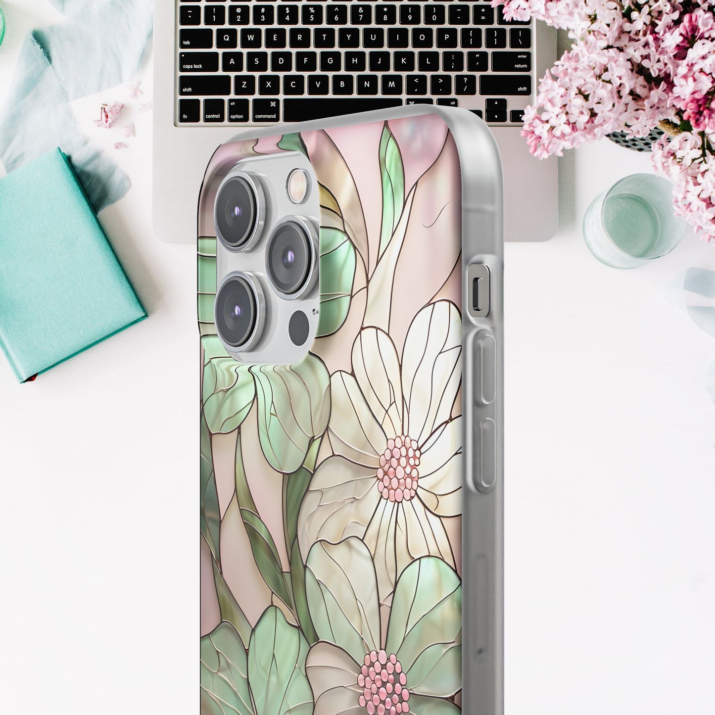 Flexi Cases, Phone Cover with Mosaic Flower in Pink and light green, Floral Phone Case, Flexible Phone Case, Flower Pattern Phone Cover,