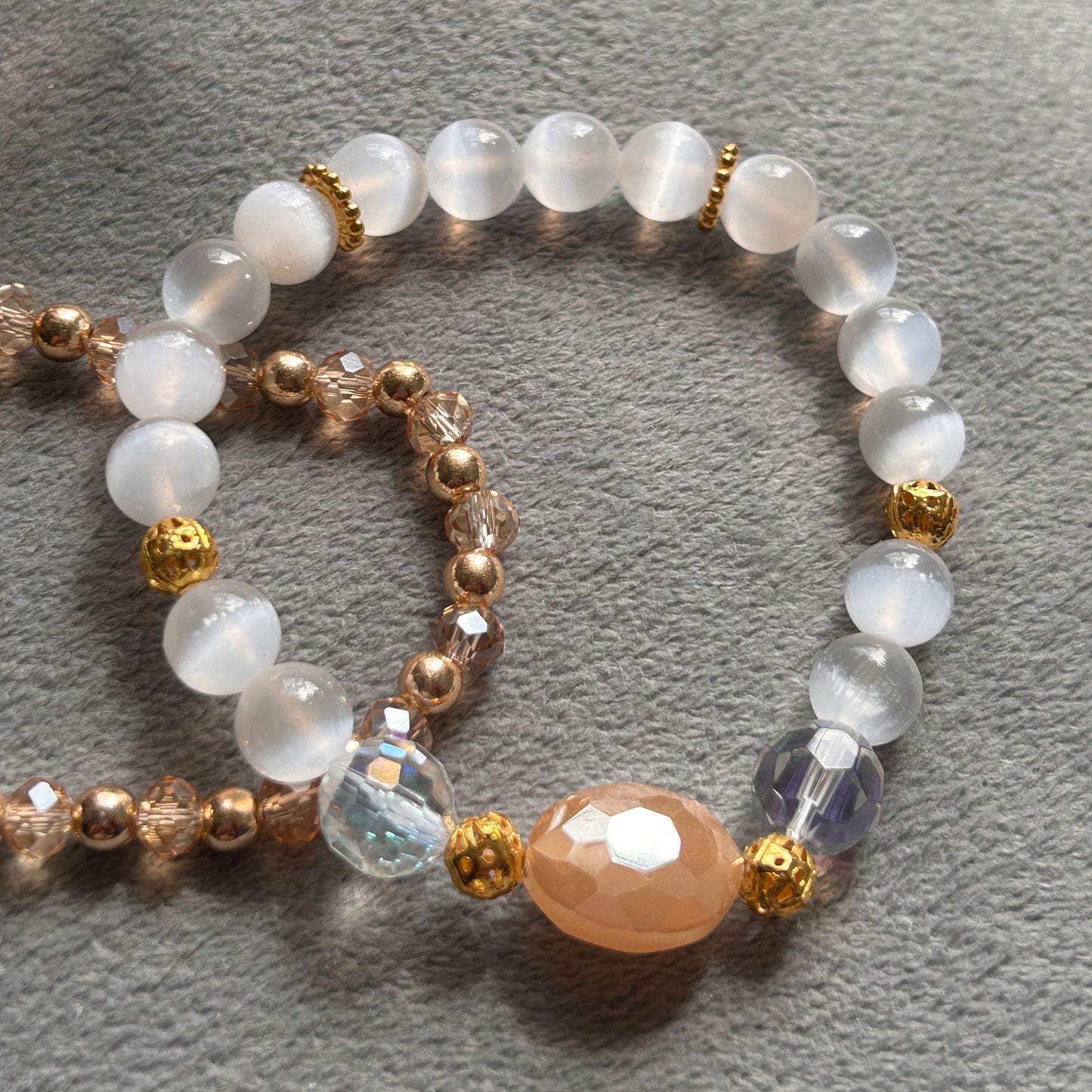 8mm Selenite & Faceted Agate, Bead Bracelet Round Crystals (Premium Grade Stretch Gemstone Bracelet, Selenite Crystal Bracelet) Gift for her