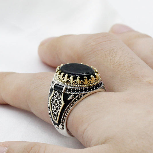 Black Natural Agate Stone Ring 925 Silver Men's Ring