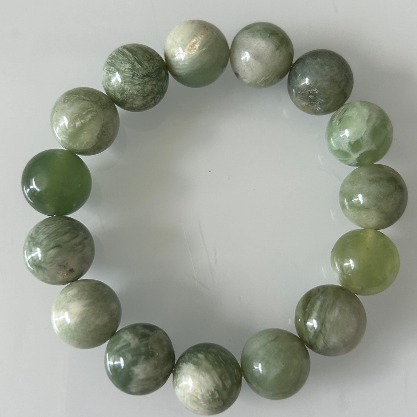 Natural Green Jade Beaded Bracelet-13MM-14MM Gradually Setting smooth round jade Bracelet-Gemstone-gift for her-green jade crystal
