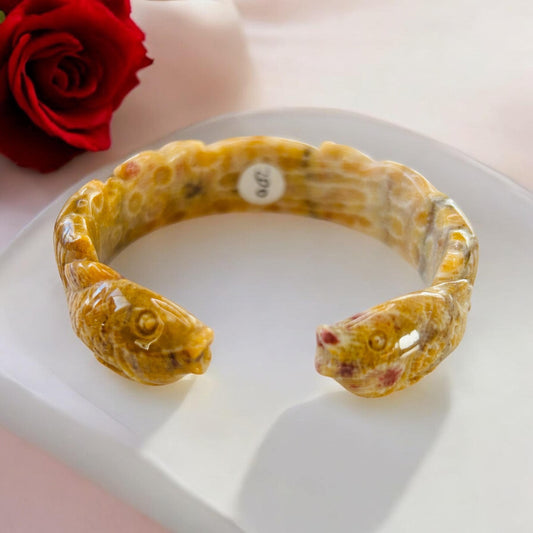 Medium size 58.3mm Bangle Double Fish Carve Bangle | Fosil Coral Jade |  Bangle Bracelet | Gift for her | Snake Bracelet |