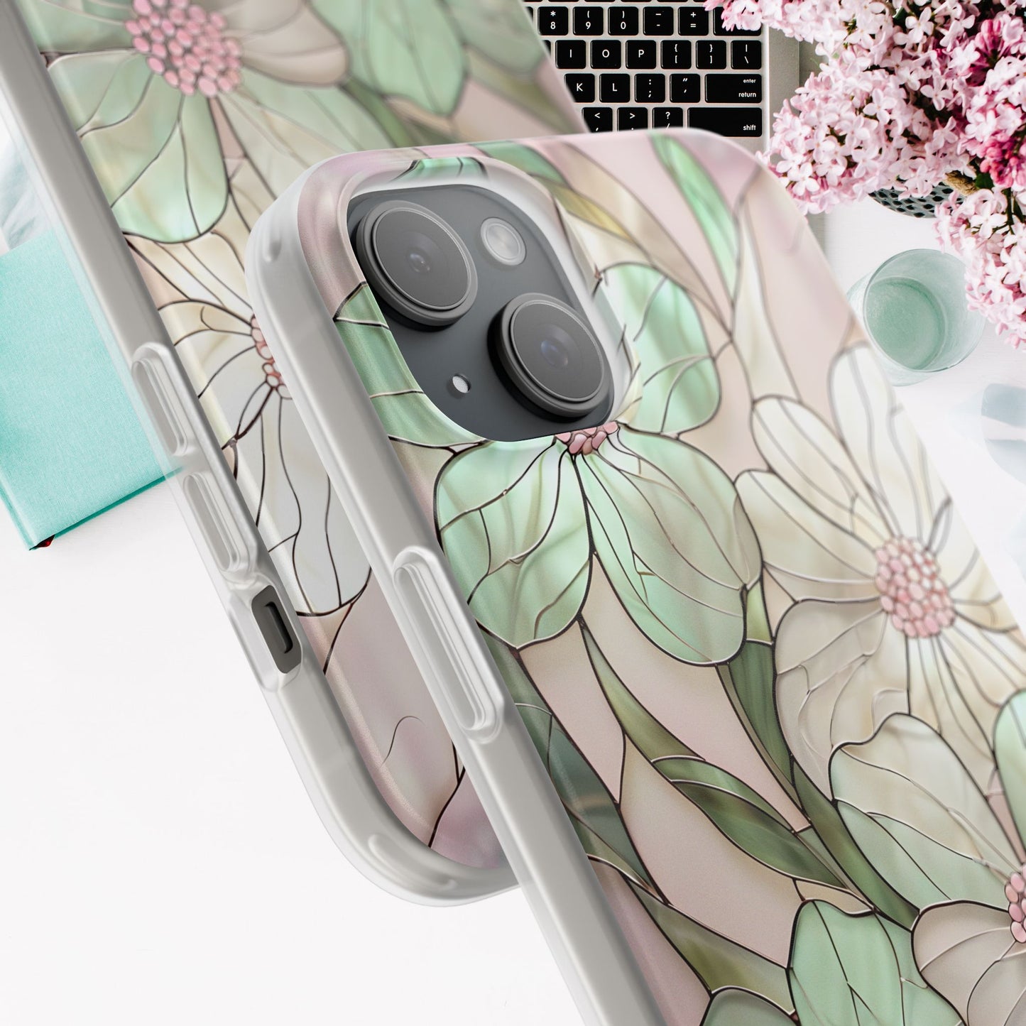 Flexi Cases, Phone Cover with Mosaic Flower in Pink and light green, Floral Phone Case, Flexible Phone Case, Flower Pattern Phone Cover,