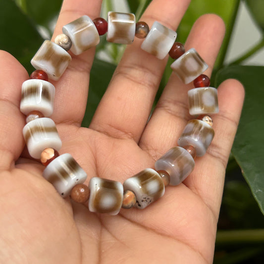 10mm White, Brown Natural Tibetan Style Dzi Agate with Carnelian Bead Gemstone Cylinder Beads | Three Eye Dzi Bead Prosperity Bead 16cm size