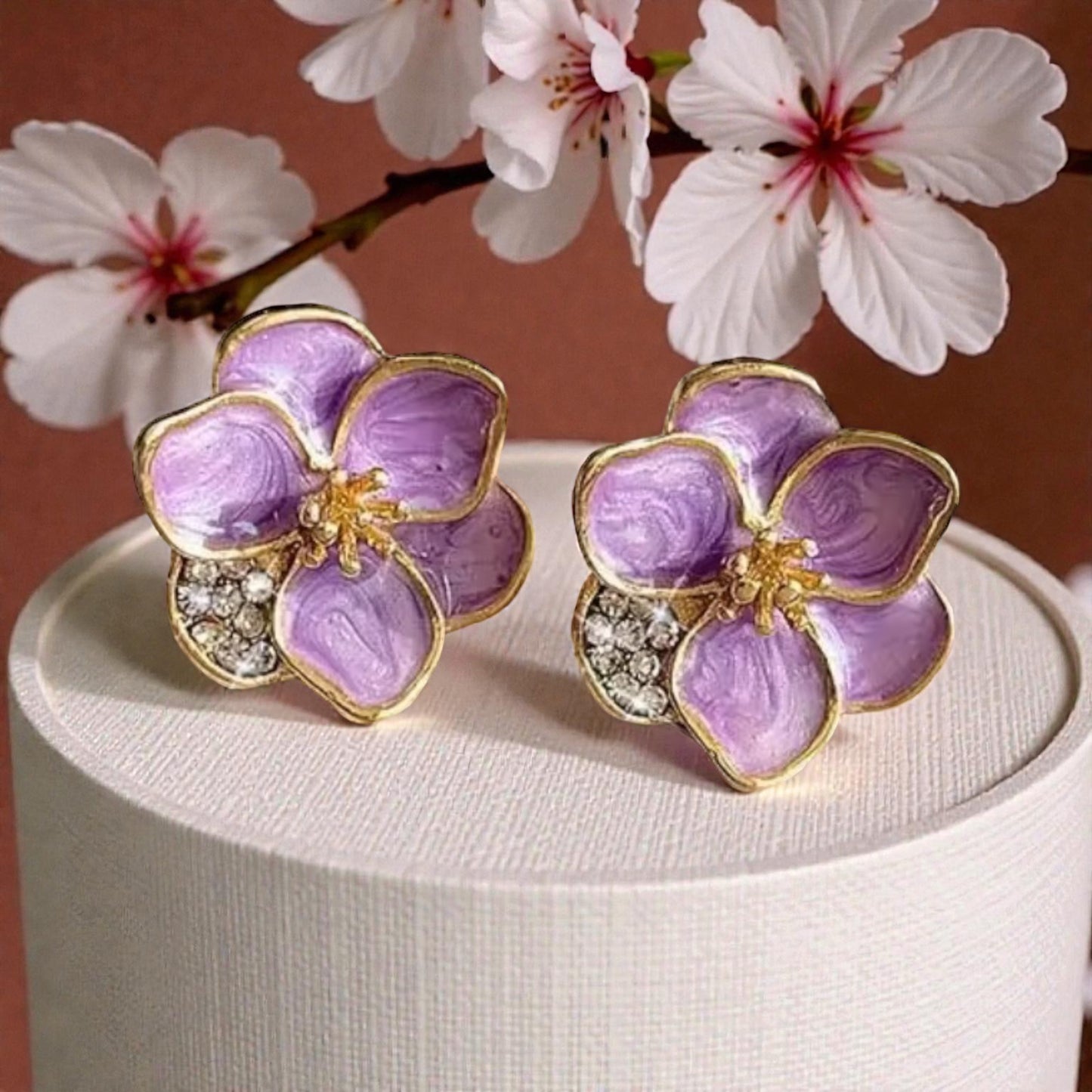 Purple Enamel Flower Stud Earrings, Gold Tone Floral Studs with Crystal Accent