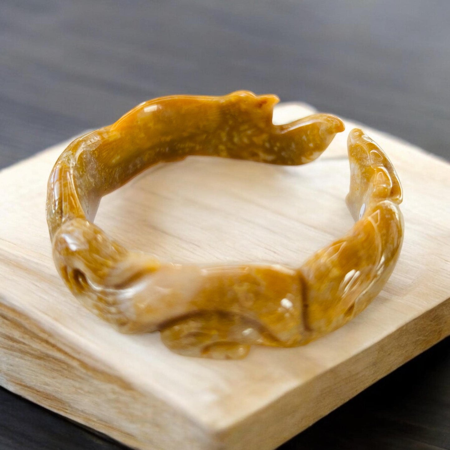 Nine Tail Fox Jade Bangle - Small 56.8mm Fossil Coral Crystal Bracelet | Soluna Gems