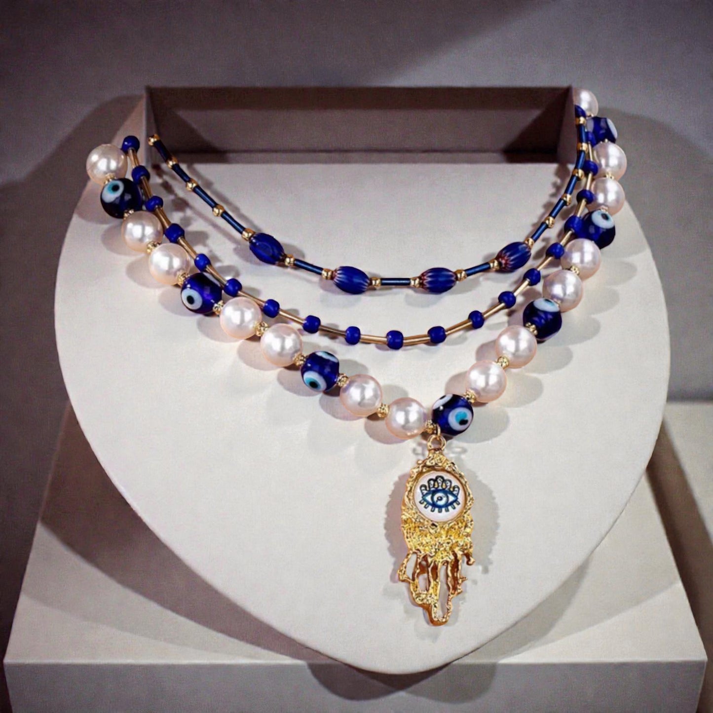Evil Eye Pearl Hamsa Layered Necklace