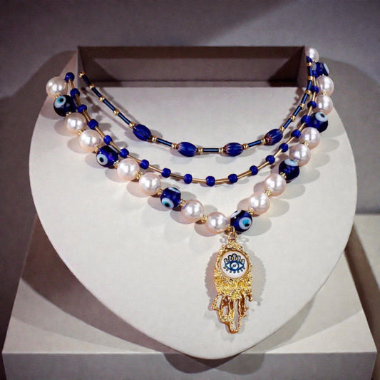 Evil Eye Pearl Hamsa Layered Necklace