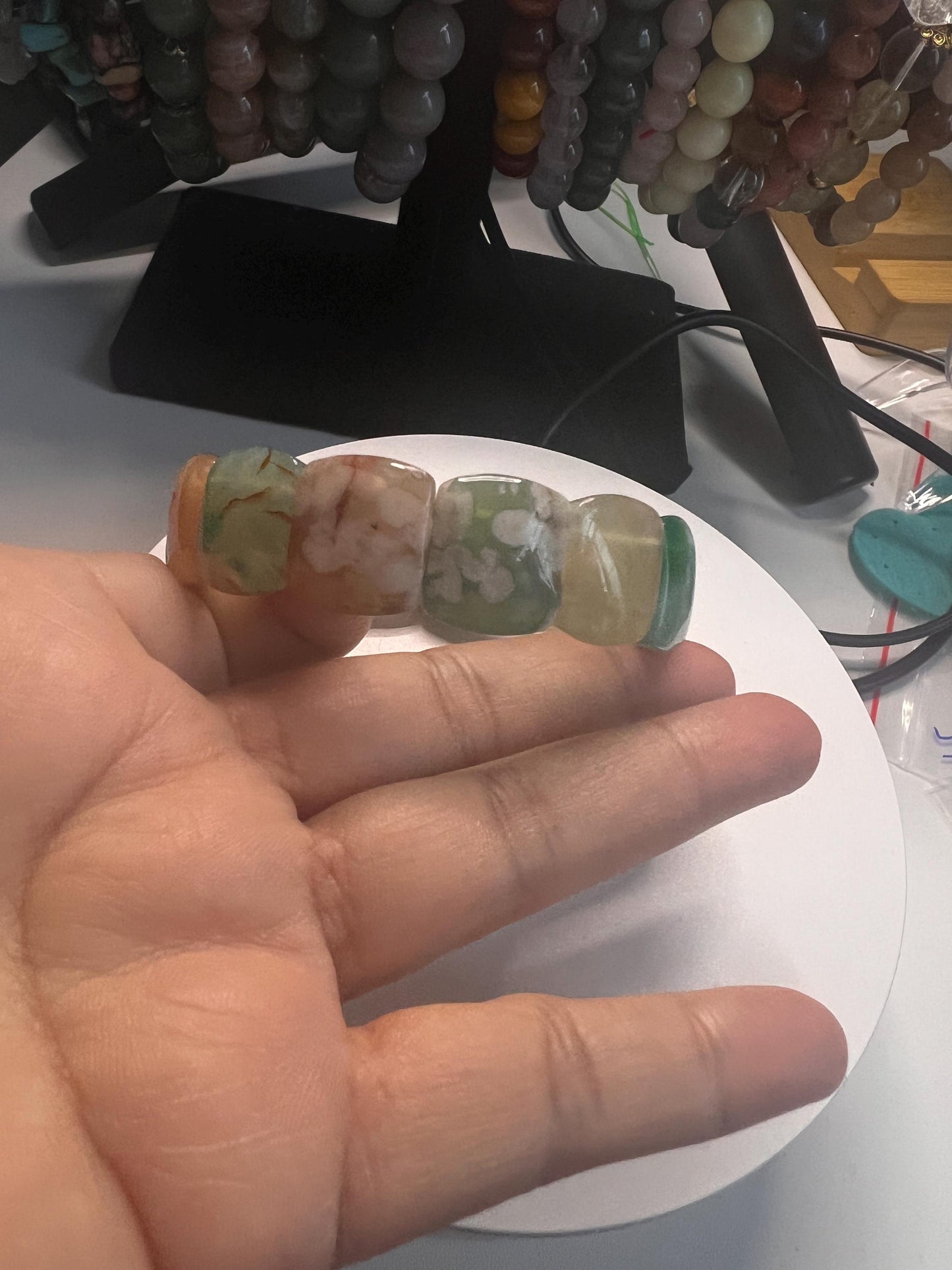 Green Flower Agate Soft Bangle Bracelet With Green Flower Agate | Sakura Flower Agate | Crystal Soft Bangle | Agate Bangle | Gift for her
