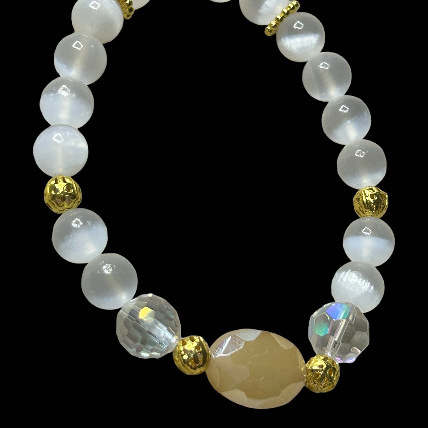 8mm Selenite & Faceted Agate, Bead Bracelet Round Crystals (Premium Grade Stretch Gemstone Bracelet, Selenite Crystal Bracelet) Gift for her