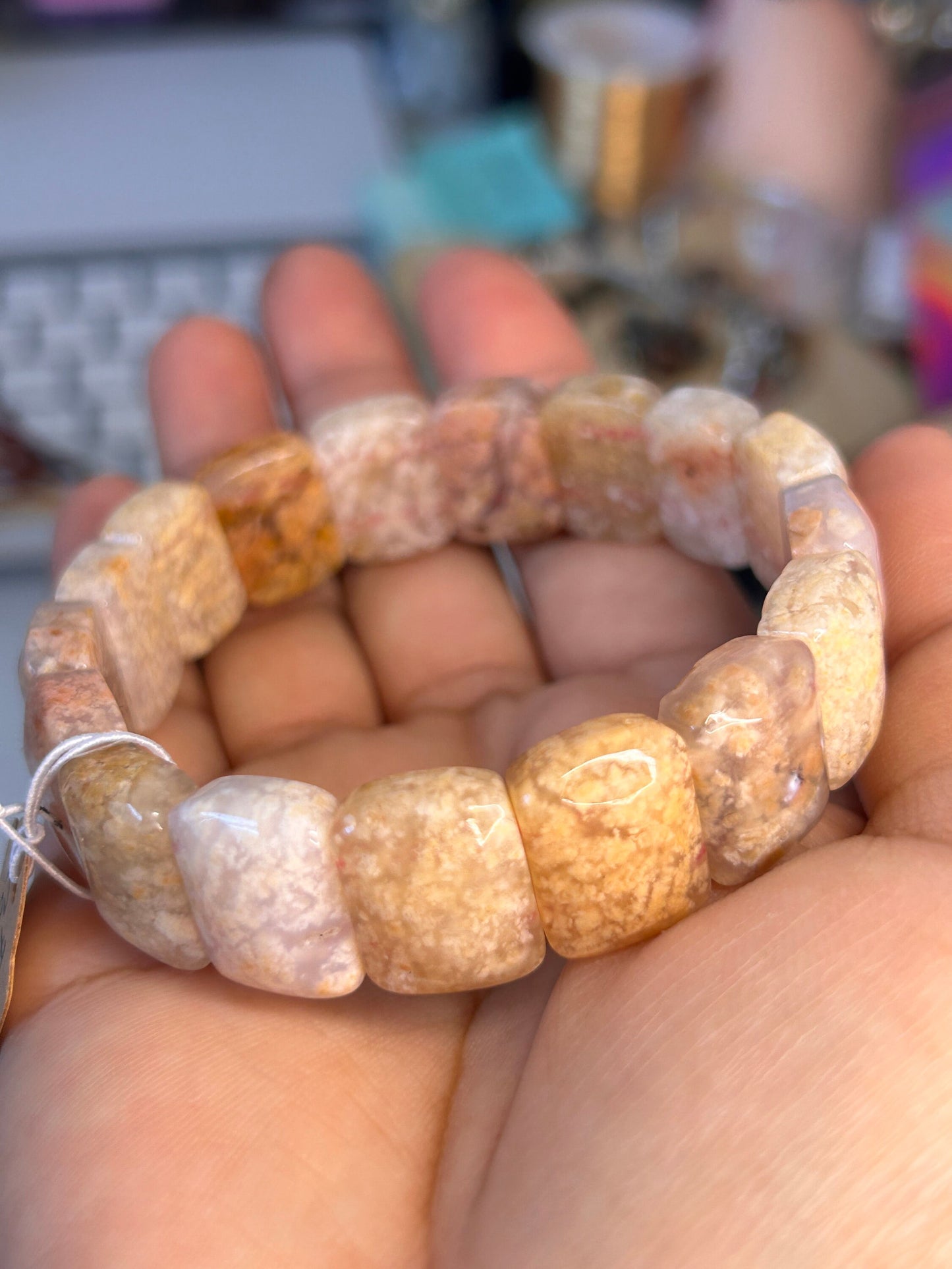 18cm Natural Fossil Coral Jade Soft Bangle | Natural Square Coral Jade Bracelet | Natural Ocean Coral Bangle | Stretchy Bangle, Gift for Her