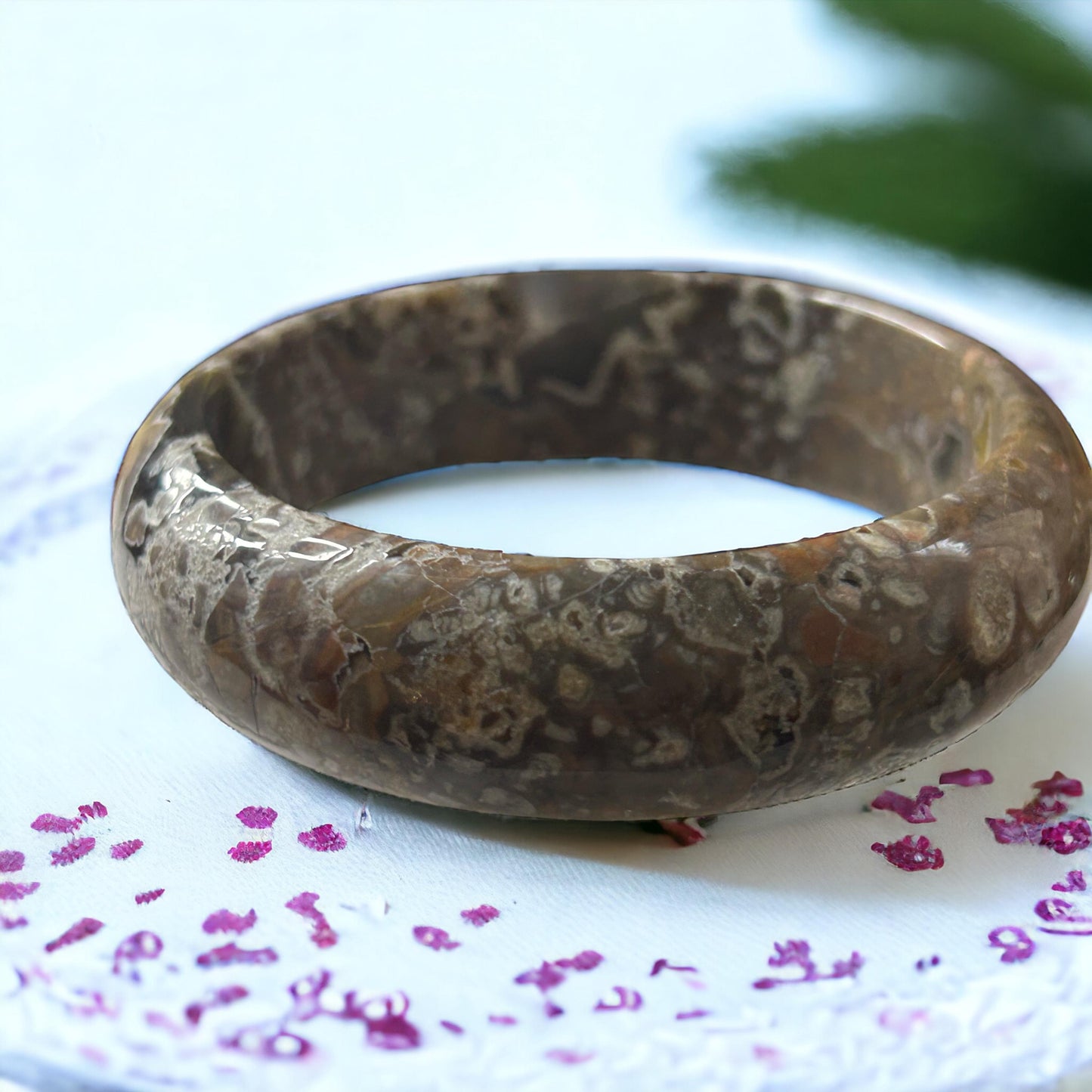 Moravato Ocean Jasper Bangle Bracelet With Orb Flowers -63mm Large Wrist Bangle Bracelet, Natural Crystal Bangle, Unique Flower-like Pattern